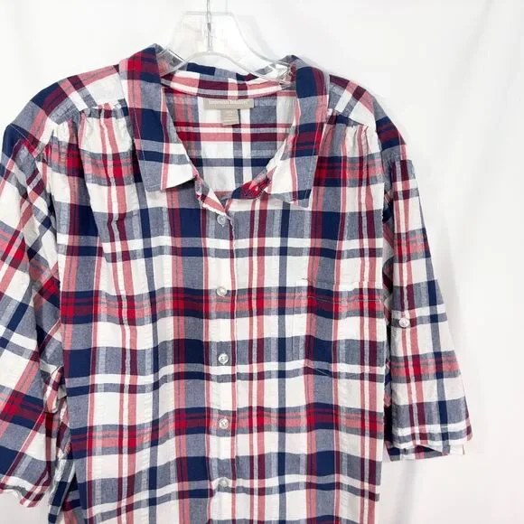Woman Within Plus Size 3X Top 30W 32W Plaid Red Blue White Cotton Button Up 1578 - Picture 4 of 7